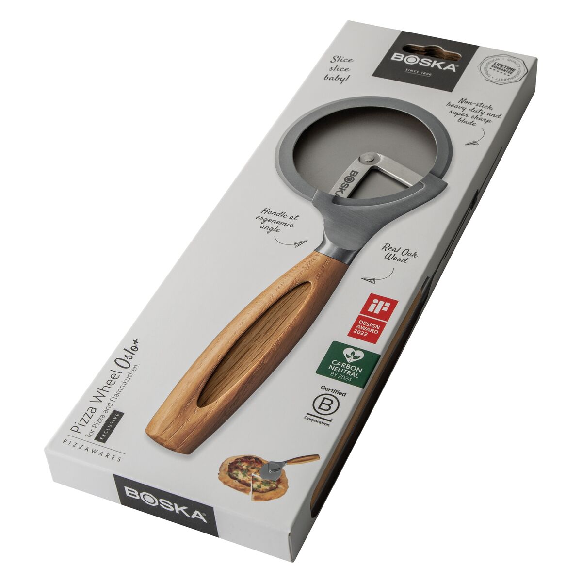 Boska Pizza & Kaasmes Oslo / Non-stick BSF™ / Veilig tweehandig gebruik/Voor pizza en kaas/Stijlvol/Eikenhout & roestvrijstaal Boska Pizza & Kaasmes Oslo / Non-stick BSF™ / Veilig tweehandig gebruik/Voor pizza en kaas/Stijlvol/Eikenhout & roestvrijstaal